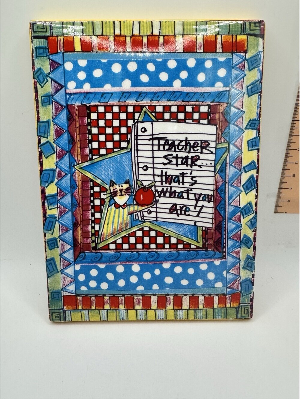 1998 Wendy Reagor Teacher Star Wall Plaque- Cat & Apple 7”x5”